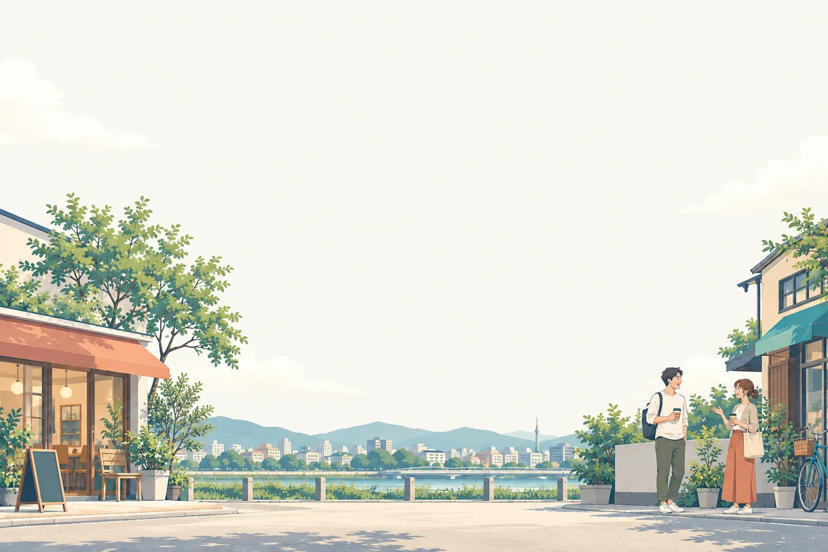 Two people chatting outside a neighbourhood café