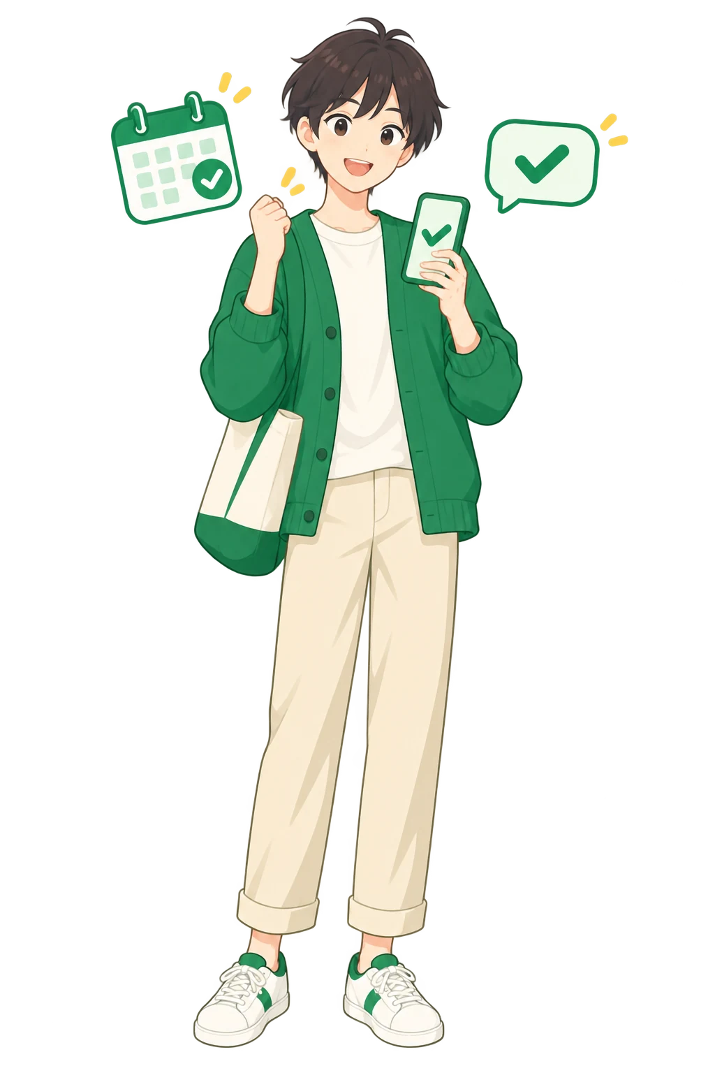 スマートフォンで連絡文を準備し、安心した表情の若者のイラスト