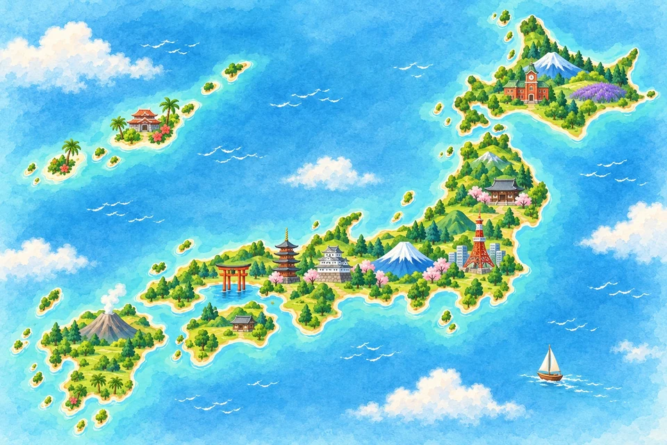 名所のイラストを添えた日本地図。歩数で進む仮想の旅を表現