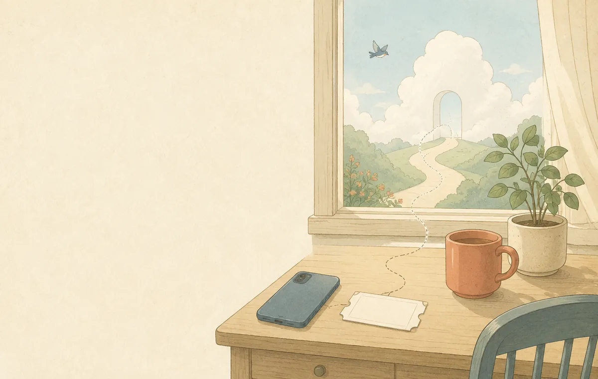 Illustration of a phone resting on a desk beside a window and a path through the clouds