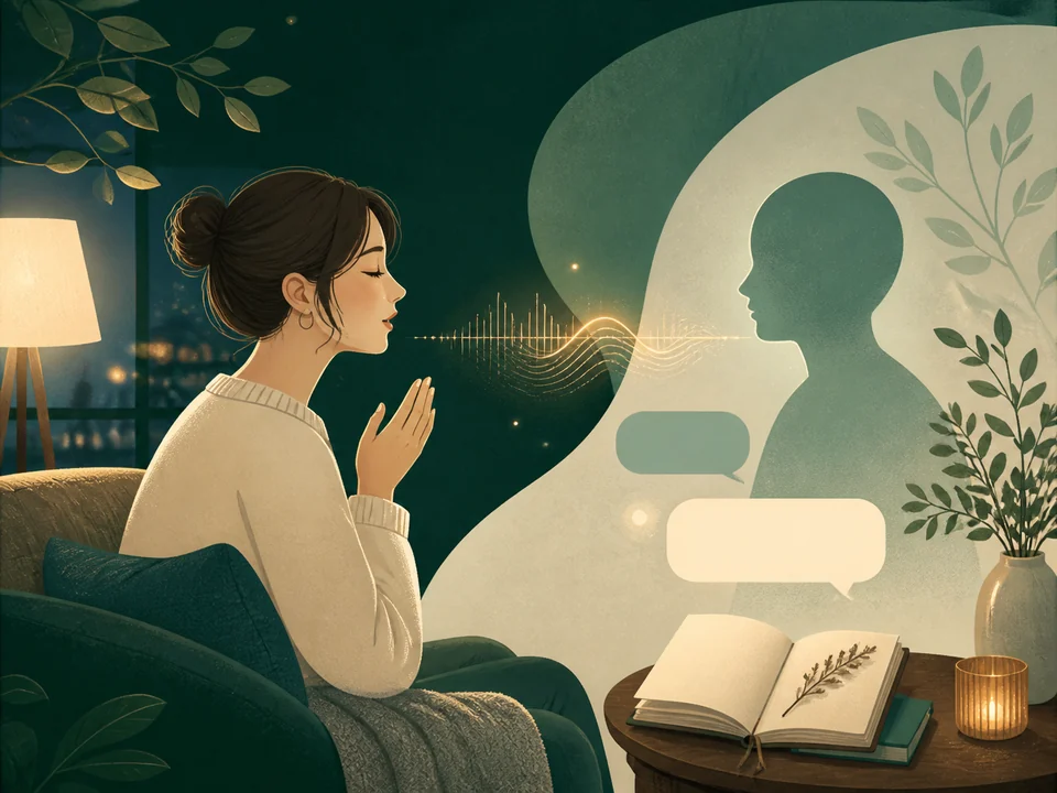 夜の部屋で、声と文字を使ってゆっくり会話する人のイラスト