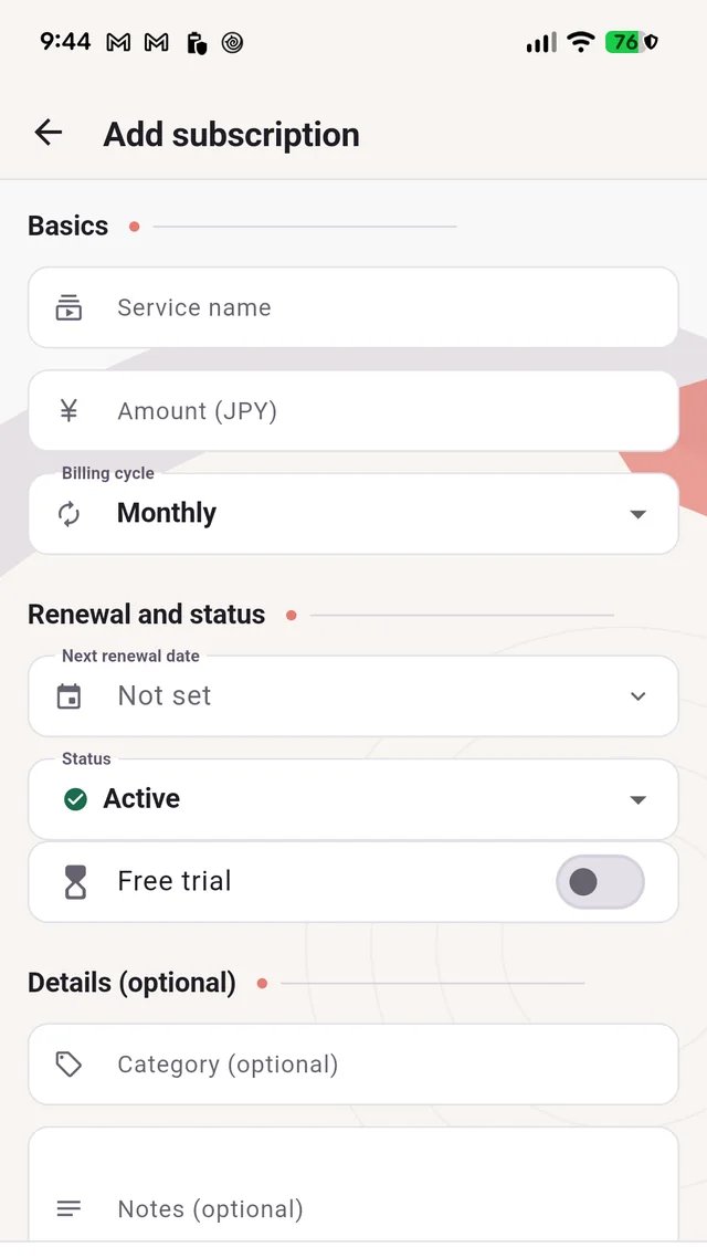 Add subscription form for service name, amount, billing cycle, renewal date, and status