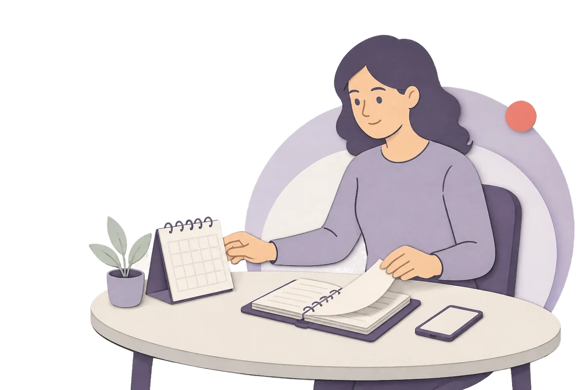 Person reviewing subscription dates in a calendar and ledger