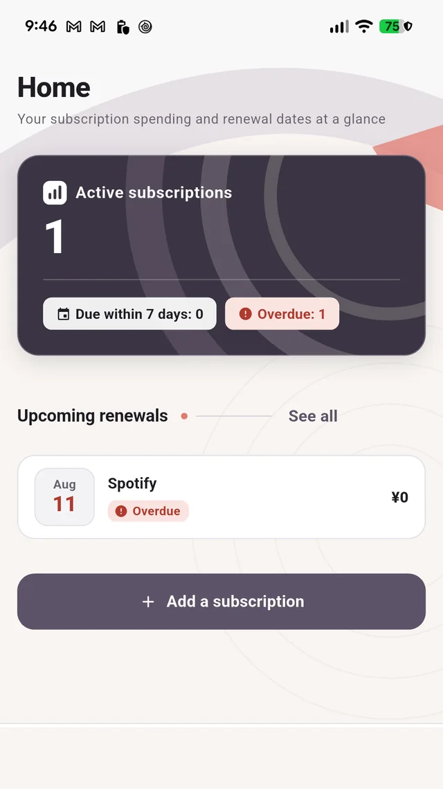 Home screen with active subscription and renewal summaries