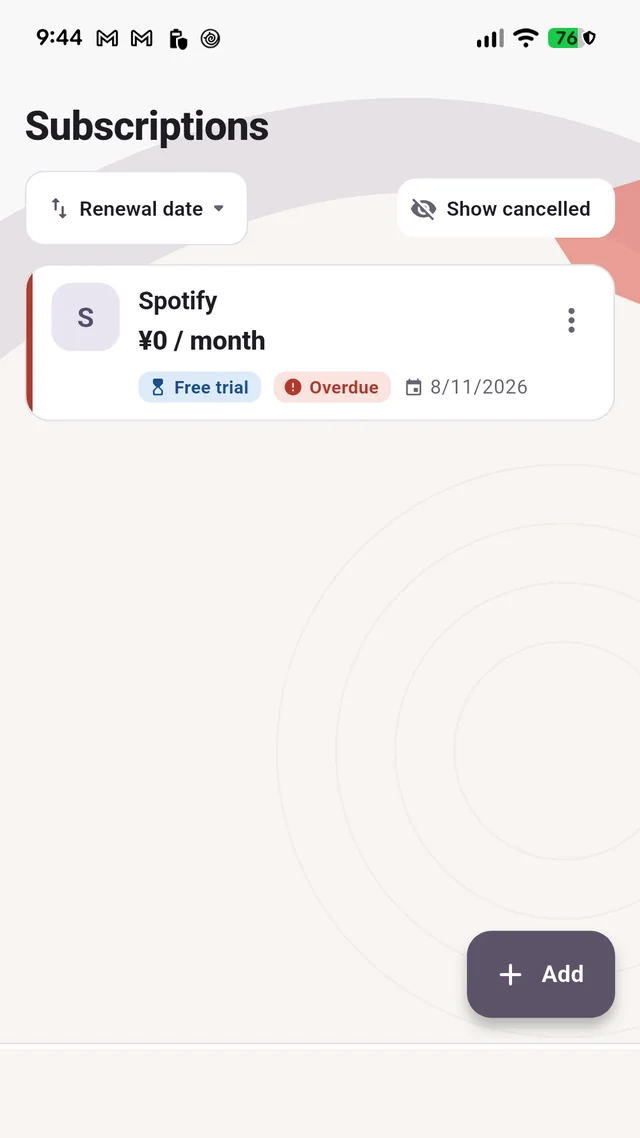 Subscription list with amount, status, and next renewal date